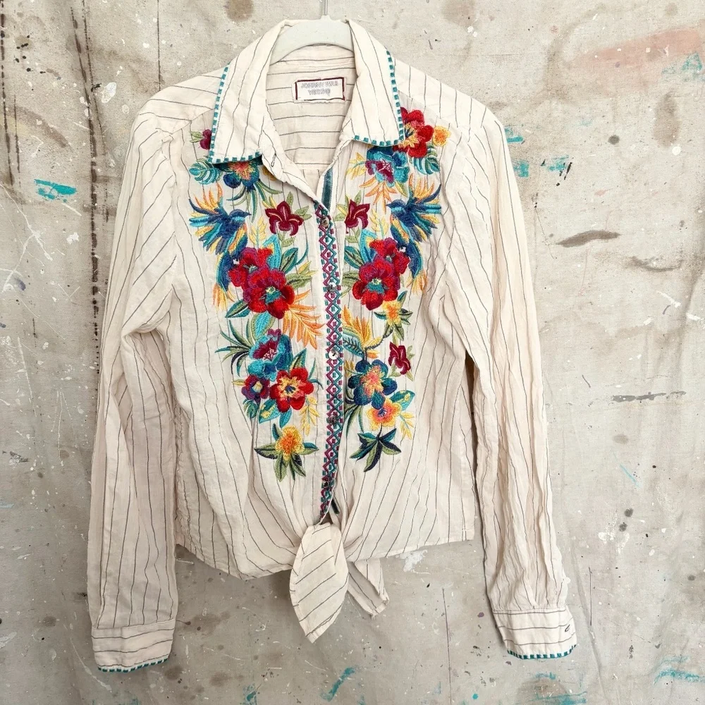 Johnny Was Nandi Tie Front Shirt In Stripe Print - Picture 2 of 5